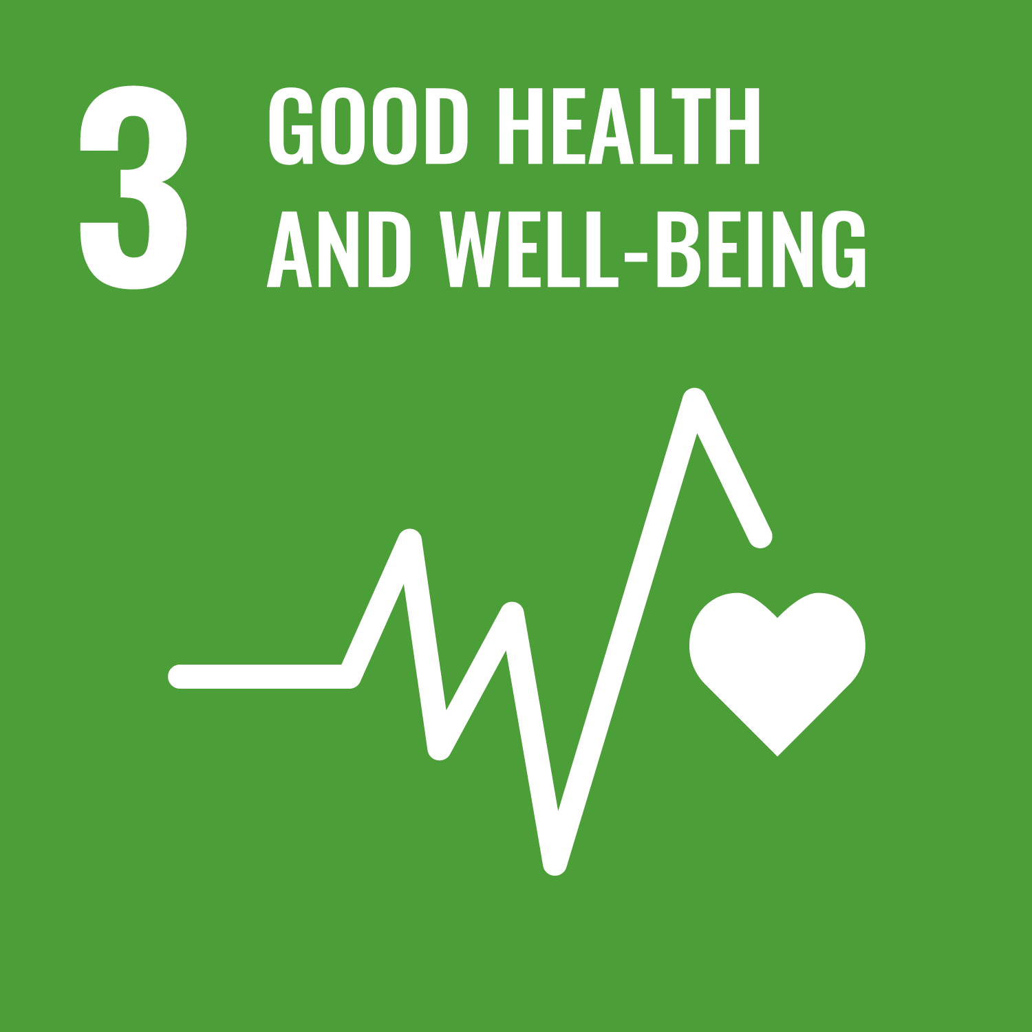 SDG-Goal-3 SDG Goal 3 - Good Health and Well-Being. Green background with heart and pulse.