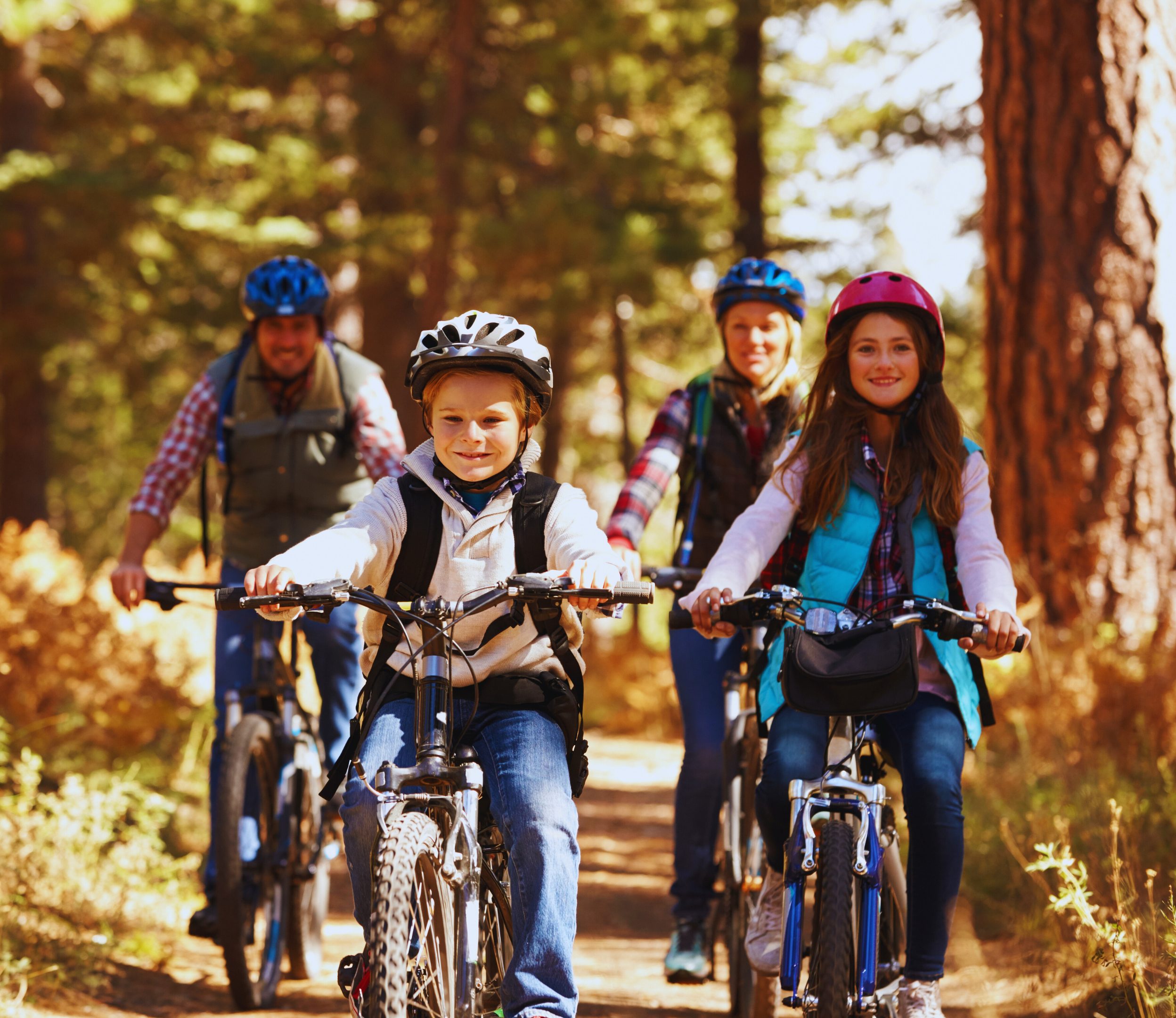 Parents and children riding bikes on a forest trail.