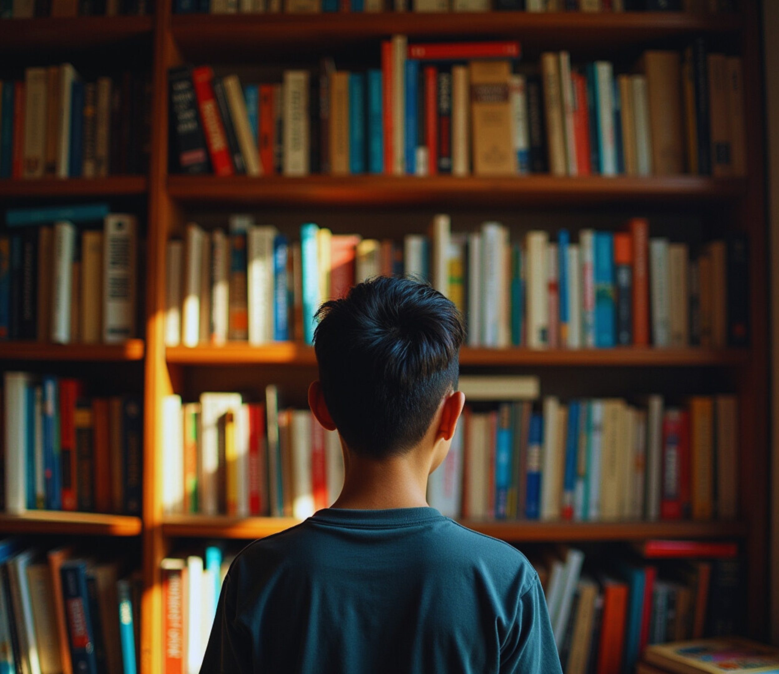 Kid standing in front of bookshelf at library.