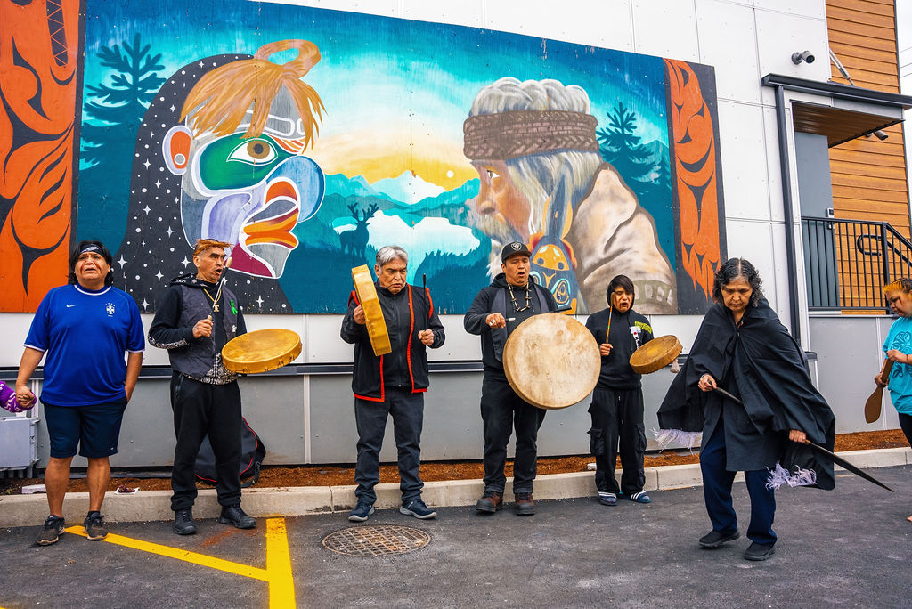 Traditional singers and dancers from Ahousaht and Esquimalt bless the opening of Kwum Kwum Lelum with community, staff and Family Members."